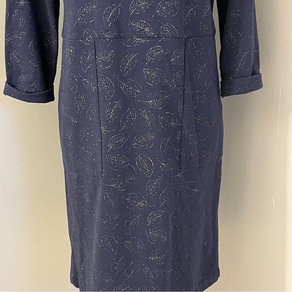Boden Hannah Navy Silver Metallic Leaf Print Sweatshirt Dress Womens Size 6R - Picture 3 of 13